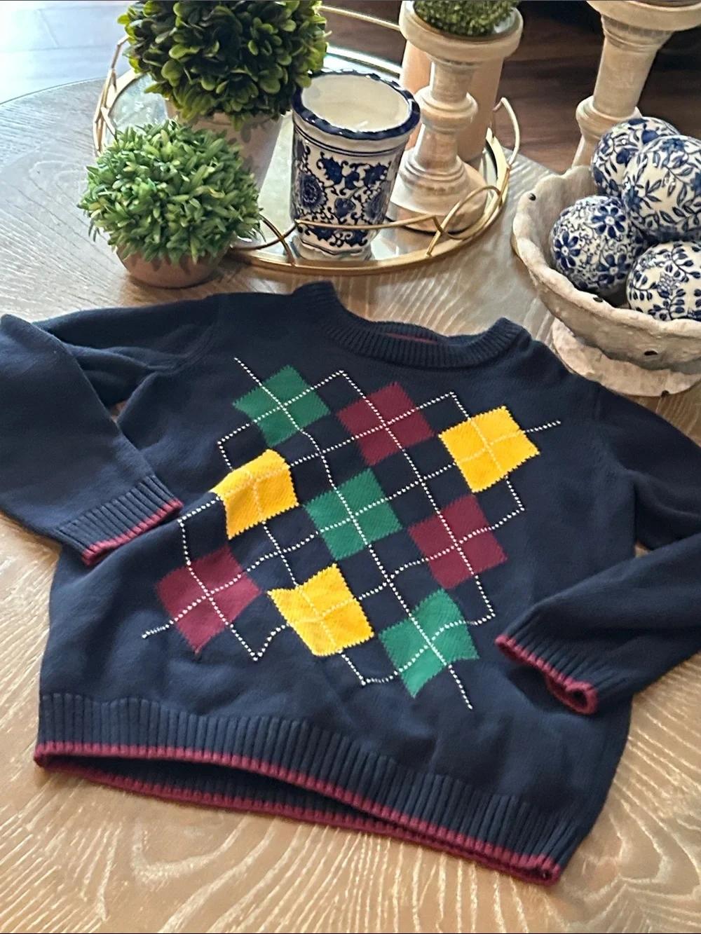 Boys Gymboree Navy Argyle Knit Crewneck Sweater Yellow Green Burgundy Diamonds